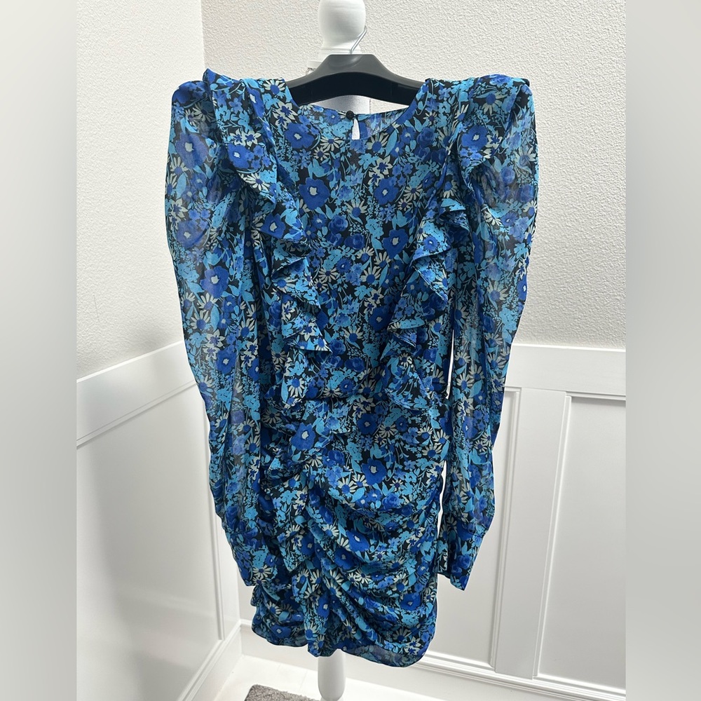 Zara XS Blue Floral Draped Mini Dress NWT keyhole back and ruched skirt